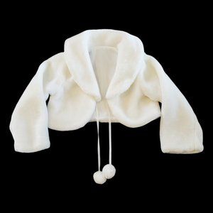 Girls White Faux Fur Cropped Bolero Shrug PomPom Jacket